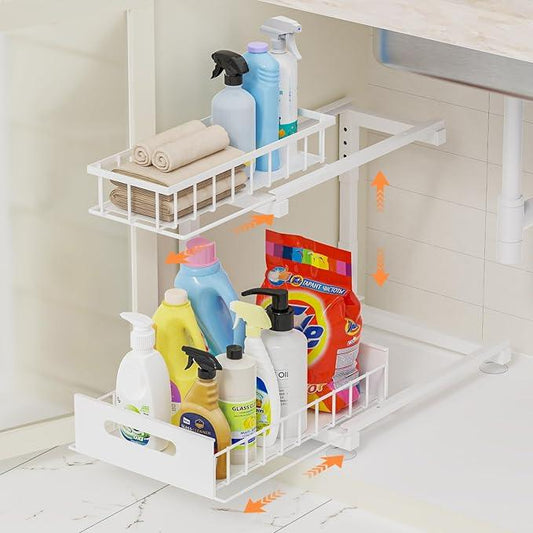 Under Sink Organizer, Heavy Duty Metal Pull Out Cabinet Organizer Slide Out Sink Shelf Organizer Height Adjustable, Multi-Purpose Storage Shelf for Kitchen Bathroom (White,1Pack) - ModernBath