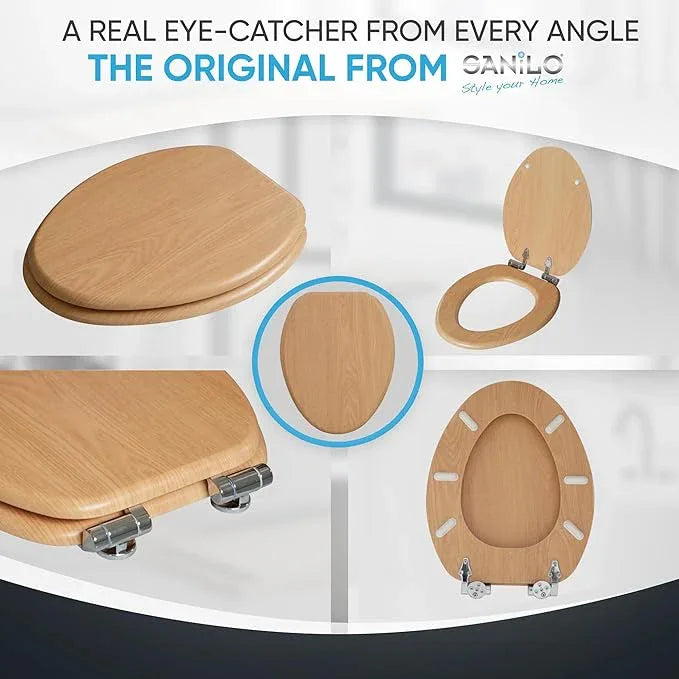 SANILO Wooden Toilet Seat with Soft Close [ELONGATED] - Decorative, Quiet & Slow Close Molded Wood Seat - With Strong Bumpers & Hinges - Adjustable Fit - Wood - ModernBath