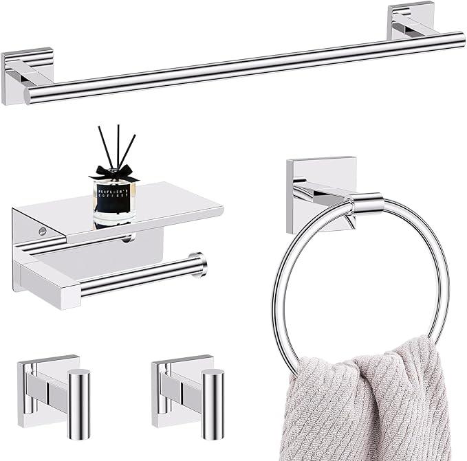 5-Piece Polish Chrome Bathroom Hardware Set, SUS304 Stainless Steel Bathroom Accessories Set 23.6 inches Towel Bar, Toilet Paper Holder with Shelf, Towel Ring and Two Towel Hooks Wall-Mounted - ModernBath