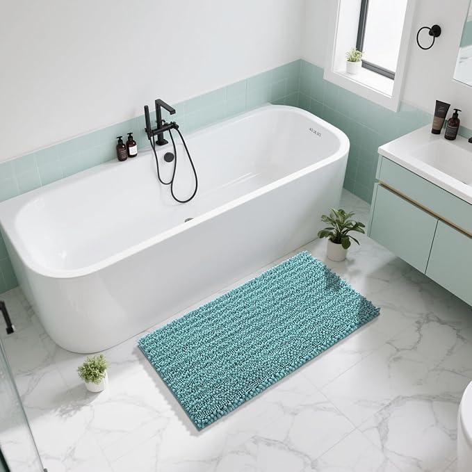 Yimobra Long Bathroom Rugs Non Slip Washable 44x24 Inch - Ultra Soft Absorbent Chenille Bath Mat, Quick Dry Shaggy Floor Carpet for Tub Shower, Teal Blue Home Decor Accessories - ModernBath