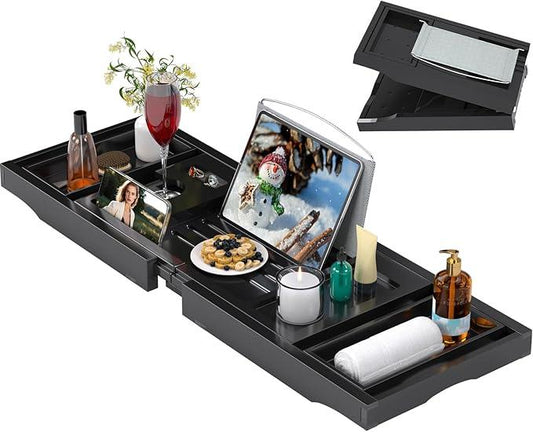 Bathtub Caddy Tray for Tub,Foldable Bath Table Trays,Bamboo Shelf with Book and Wine Glass Holder,Bathroom Accessories Suitable for Luxury Spa or Reading,Black - ModernBath