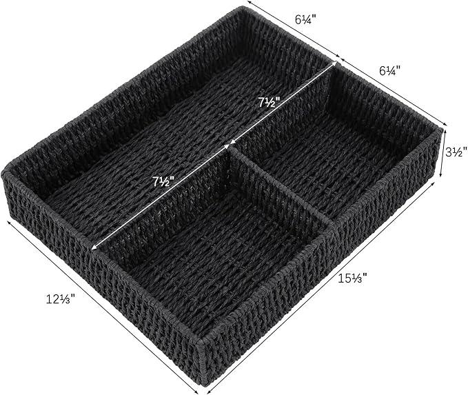 Vagusicc Wicker Divided Storage Basket, Black Wicker Baskets, Basket for Shelves Drawer Organizing, 3 Section Rectangular Woven Storage Baskets, 2-Pack - ModernBath