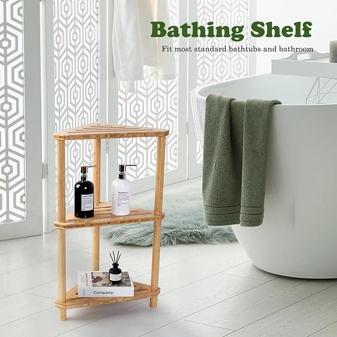 Bamboo Corner Shower Caddy Stand 3-Tier Waterproof,Free Standing Corner Shelf Shower Stool Organizer for Inside Shower,Space-Saving Storage Shelf with Anti-Slip Feet - ModernBath