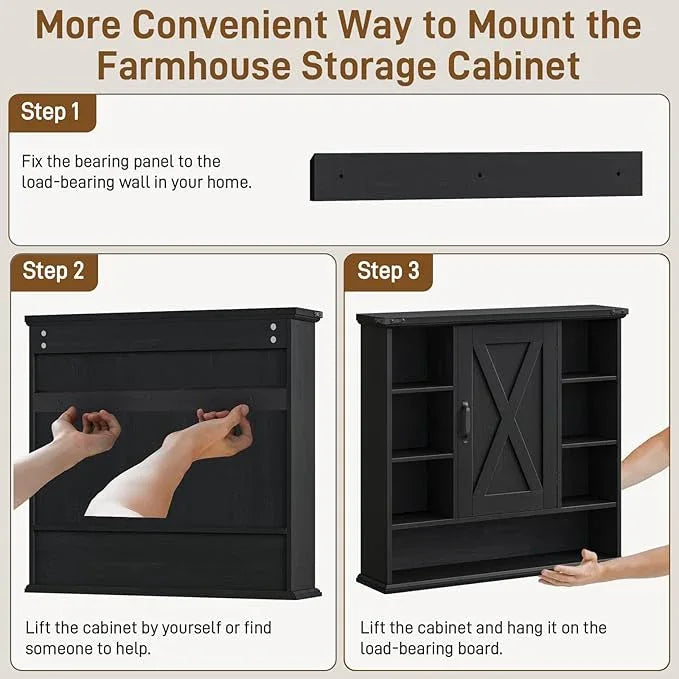 Bathroom Wall Cabinet, Farmhouse Medicine Cabinet with Adjustable Shelves and Barn Doors, Large Wall Mounted Over The Toilet Storage Cabinet for Bathroom, Laundry Room, Kitchen, Rustic Black - ModernBath