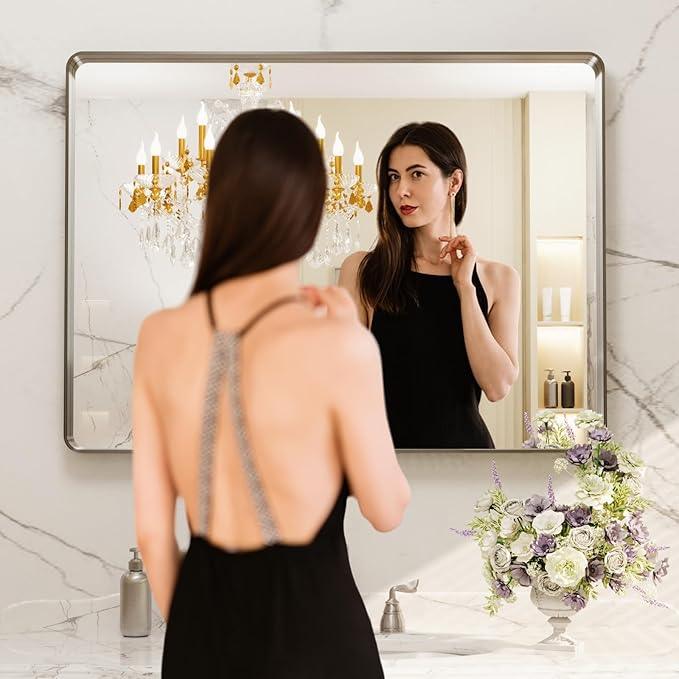 LOAAO 40X30 Inch Brushed Nickel Bathroom Mirror, Rounded Rectangle Silver Metal Frame Mirror, Brushed Nickel, Anti-Rust, Shatter Proof, Hangs Horizontally or Vertically - ModernBath