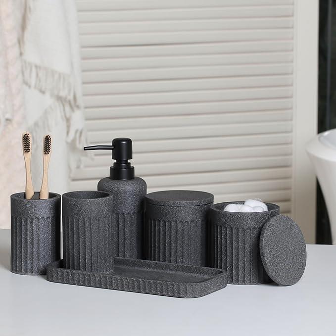 INIUNIK Bathroom Accessory Set - 6 Pieces Bathroom Accessories Set Complete with Soap Dispenser, Toothbrush Holders, Tumbler, Vanity Tray and 2 Qtip Holder for Home Organizer and Decor, Dark Grey - ModernBath