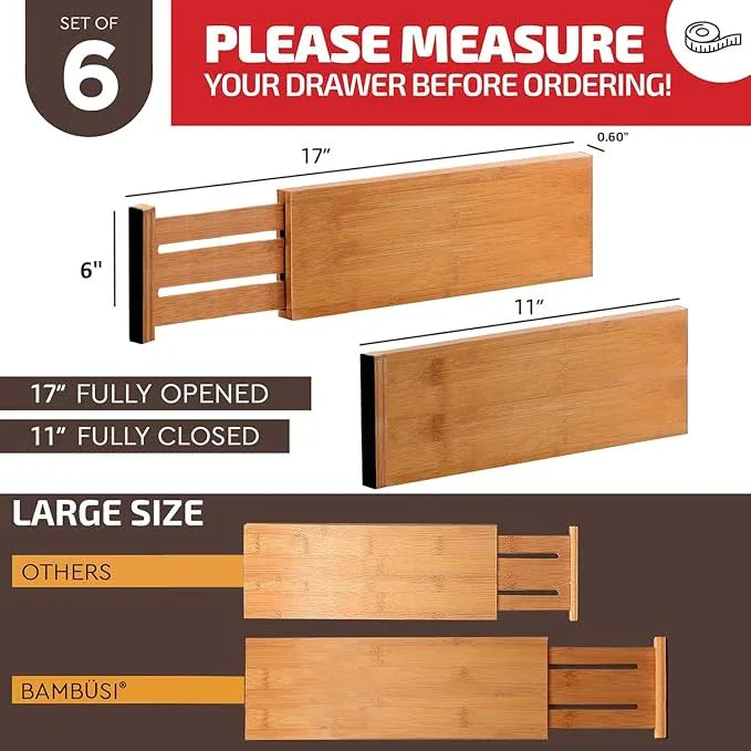 6 Pack Drawer Dividers 6 Inch High, 11”-17" Adjustable Bamboo Organizers Large Expandable Drawer Separators for Cloths, Dresser, Bedroom, Bathroom, Baby Drawer, Office & Kitchen Utensils (Natural) - ModernBath