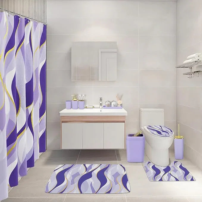 XLHOMO Bathroom Set - Purple and Gold Bathroom Accessories, Bathroom Sets with Shower Curtain and Rugs, Purple Shower Curtain Set with Bathroom Trash Can, Soap Dispenser, Soap Dish for Home Decor - ModernBath