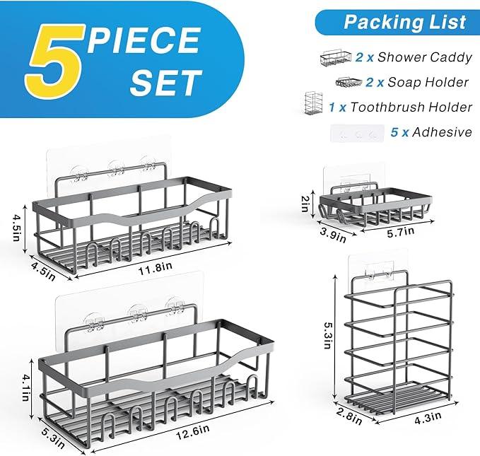 EUDELE 5-Pack Rustproof Stainless Steel Shower Caddy – No Drill Adhesive Bathroom Organizer with Large Capacity, Spacious Shower Shelves for Inside Shower, Kitchen & Home Decor Storage-XL Size - ModernBath