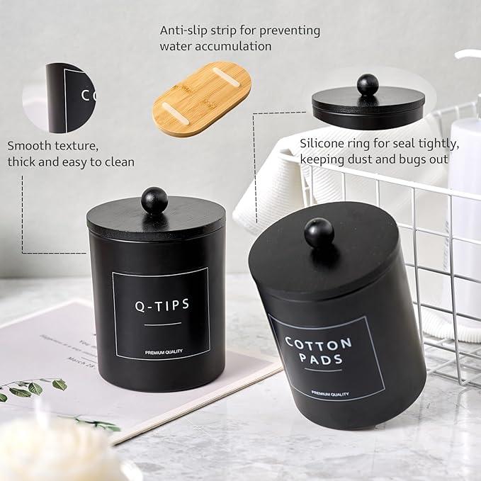 Glass Qtip Holder for Bathroom, Black Cotton Round Holder Swab Pad Dispenser with Lids, Floss Pick Holder with Bamboo Tray, Apothecary Jars with Scoop, Set of 3 - ModernBath