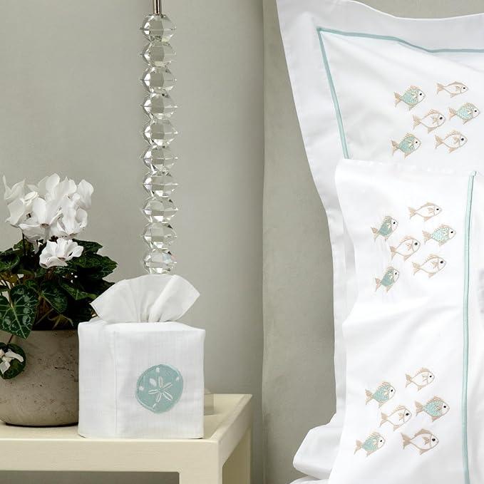 Jacaranda Living Square Tissue Box Cover, Linen/Cotton Fabric Tissue Holder, Decorative Cloth Tissue Cube Cover, Coastal Designs Sand Dollar (Aqua) - ModernBath