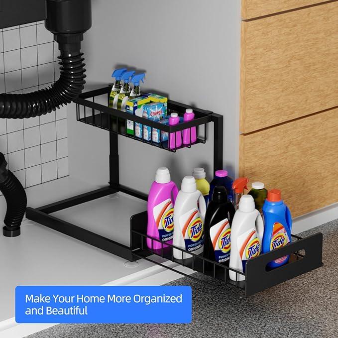 2-Tier Under Sink Slide Out Organizer, Pull Out Cabinet Storage Shelf with Sliding Wire Basket Drawer for Bathroom Kitchen, Countertop or Pantry Shelf, Black - ModernBath