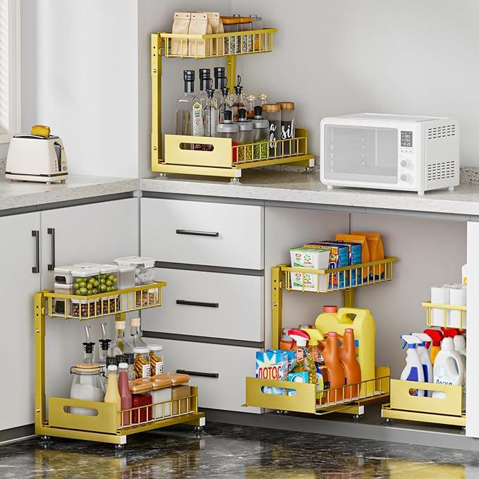 Under Sink Organizer for Kitchen and Bathroom, 2 Pack 2 Tier Pull Out Storage Rack - Height Adjustable Heavy Duty Metal Basket with High Capacity & Safety Stopper, Rustproof for Cleaning Supplies - ModernBath