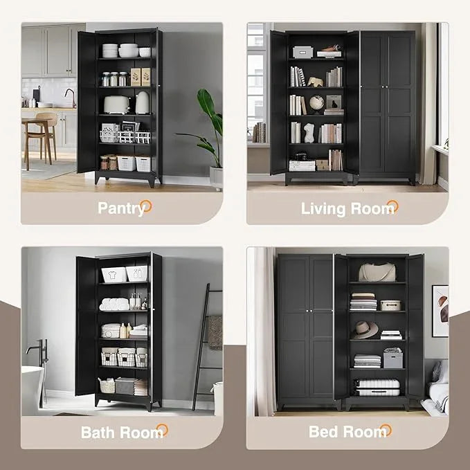 Yizosh Metal Pantry Cabinet, 75" Kitchen Pantry with 2 Door and 4 Adjustable Shelves,Black Metal Pantry Storage Cabinet,Cupboard for Kitchen,Dining Room,Living Room and Bathroom - ModernBath