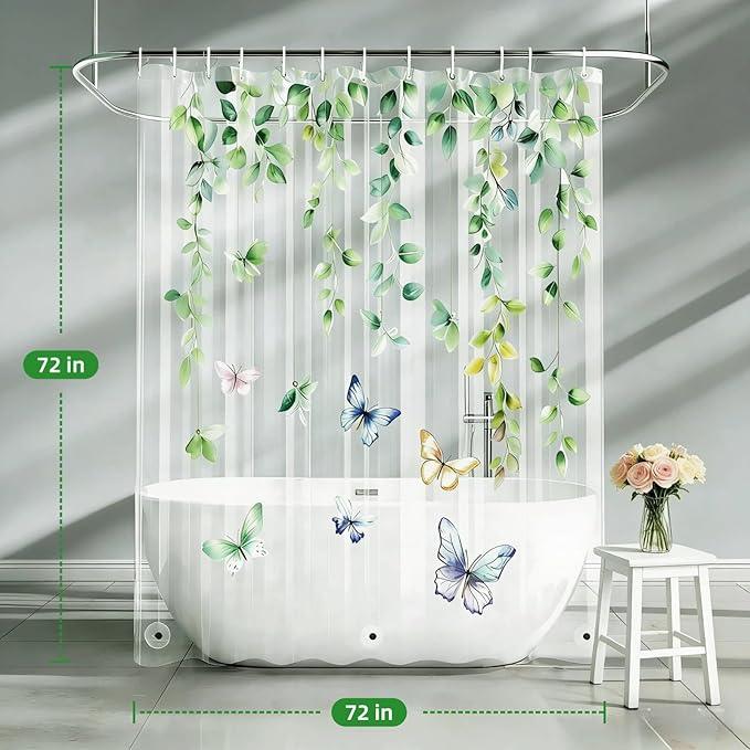 CAPQL Clear Eucalyptus Leaves Butterfly Shower Curtain Liner, Plastic Transparent Green Plant Shower Curtains for Bathroom, 72x72 Weighted Magnetic Shower Curtain Set with 12 Hooks - ModernBath