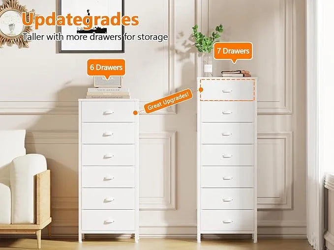 Furnulem White Tall Dresser for Bedroom with 7 Drawers, Vertical Chest of Drawer in Closet, Nightstand Storage Tower Unit Organizer with Fabric Bins for Dorm,Living Room,Entryway,Hallyway - ModernBath