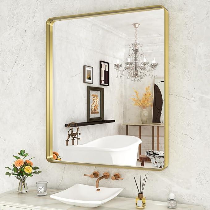 WEER Gold Bathroom Mirror, 36X30 Inch Brushed Gold Metal Frame Mirror, Rounded Rectangle Gold Bathroom Vanity Mirror for Wall, Tempered Glass, Anti-Rust, Hangs Horizontally or Vertically - ModernBath
