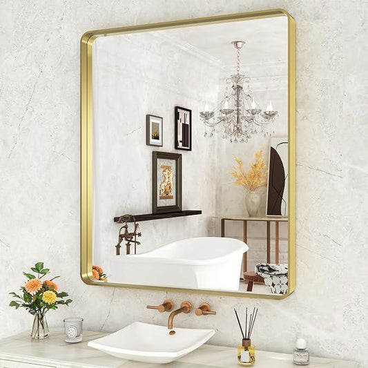 WEER Gold Bathroom Mirror, 36X30 Inch Brushed Gold Metal Frame Mirror, Rounded Rectangle Gold Bathroom Vanity Mirror for Wall, Tempered Glass, Anti-Rust, Hangs Horizontally or Vertically - ModernBath