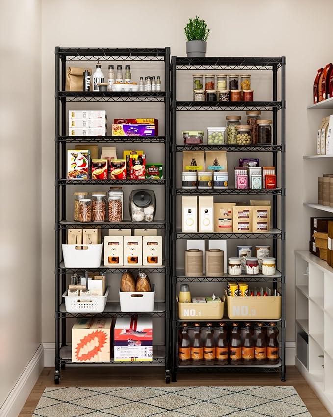 8 Tier Shelves Storage Shelf Wire Closet Bathroom Organizers Metal Pantry Kitchen Garage Shelving Unit Laundry Room Organization Home Rack Net Basket Black with Wheels 12”D X 22”W X 74.2”H - ModernBath