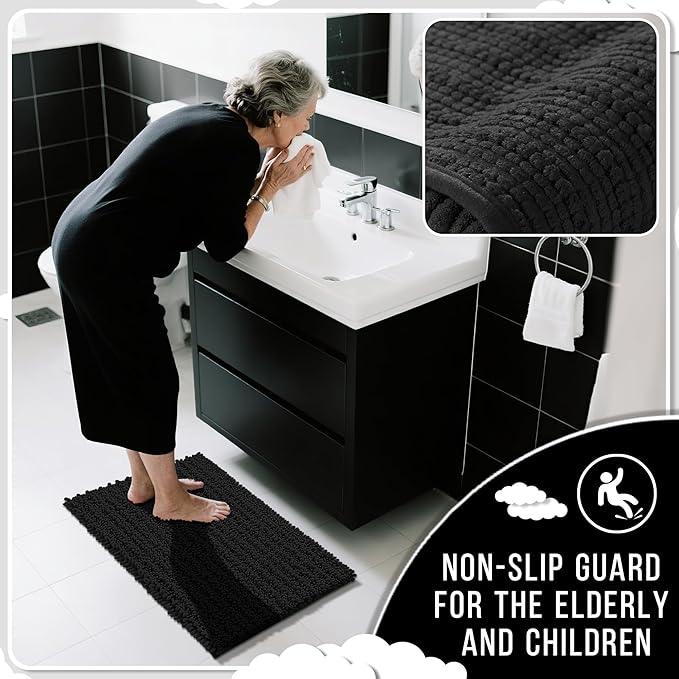 Yimobra Bathroom Runner Rug 55x24 Inch - Extra Long Non Slip Chenille Bath Mat, Soft & Absorbent, Machine Washable Shaggy Hallway Carpet for Vanity Tub Shower, Black Home Decor Accessories - ModernBath