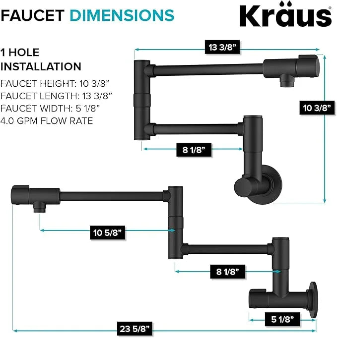 KRAUS Bolden 2 Handle Pot Filler Faucet with Retractable Arm, Wall Mount Kitchen Faucet, Pot Filler for Over Stove in Matte Black, KPF-5003MB - ModernBath