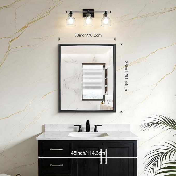 CIVENO Black Bathroom Mirror, 36 x 30 Inch Brushed Black Rectangle Mirrors for Wall, 0.6" Thickened Deep Frame Mirrors for Over Sinks, Shatterproof Tempered Glass, Antirust, Horizontally or Vertically - ModernBath
