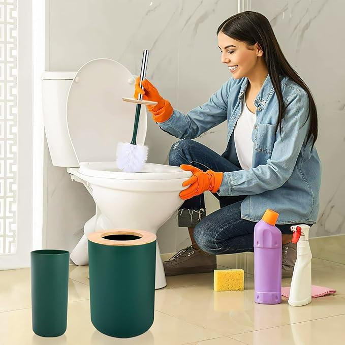 SLDIYWOW 9-Piece Dark Green Bathroom Accessories Set with Trash Can, Tray, Soap Dispenser, Toothbrush Holder, Toothbrush Cup, Soap Dish, Toilet Brush and Q-tip Holders for Bathroom/Housewarming - ModernBath