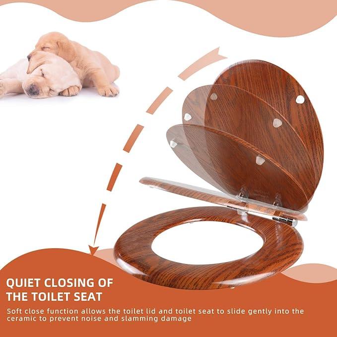 Round Toilet Seat Molded Wood Toilet Seat with Quietly Close and Quick Release Hinges, Easy to Install also Easy to Clean by Angol Shiold (Round, Brownish Red) - ModernBath