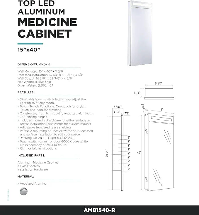 Fine Fixtures Bathroom Medicine Cabinet, Aluminum, Recessed/Surface Mount, Mirrored Interior w/LED (15 x 40 Right) - ModernBath