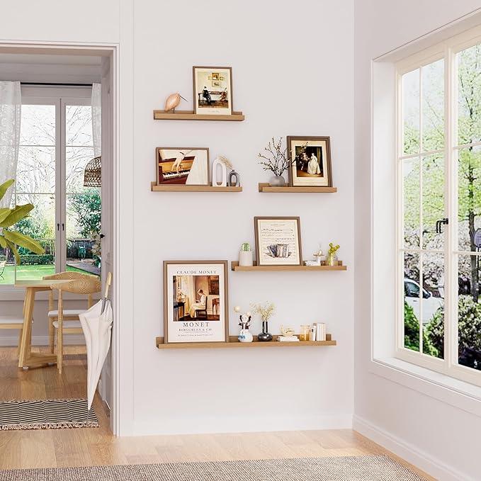 Heimlove Floating Shelves Set of 6, 24" Wall Mounted Picture Ledge, Display Shelf Organizer for Decor Storage, Wall Mounted Shelves for Living Room, Bedroom, Bathroom, Kitchen (Oak) - ModernBath