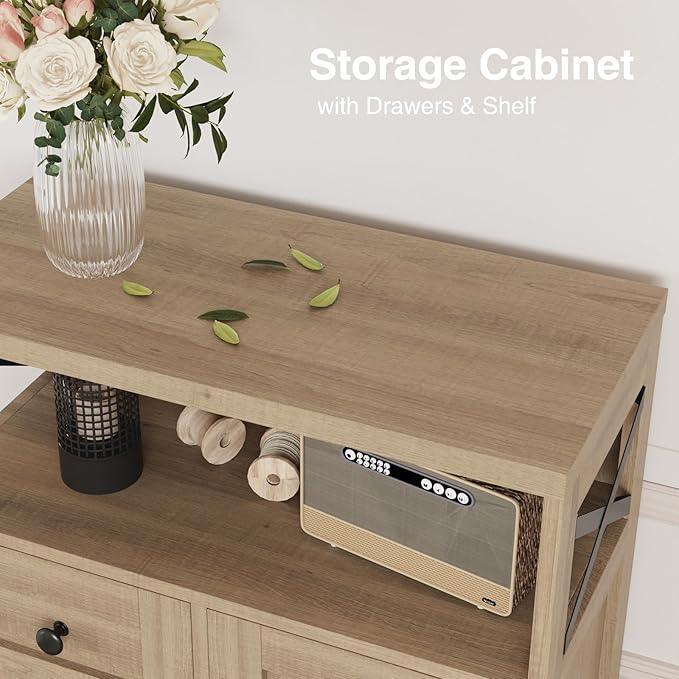 Natural Storage Cabinet with Doors and Shelves, Standing Kitchen Pantry Cabinet, Floor Storage Hutch Cupboard, Coffee Bar Station for Dining, Living Room, Home Office - ModernBath
