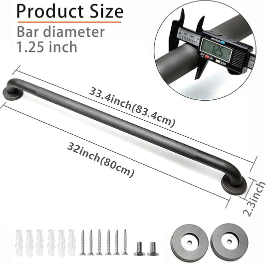 Rackickyer Shower Grab Bar, 2 Pack 32 Inch Gray Bathroom Grab Bar, 1.25" Diameter 304 Stainless Steel Anti-Slip Grab Bars for Bathtubs and Showers, Handicap Shower Grab Bar for Seniors Elderly