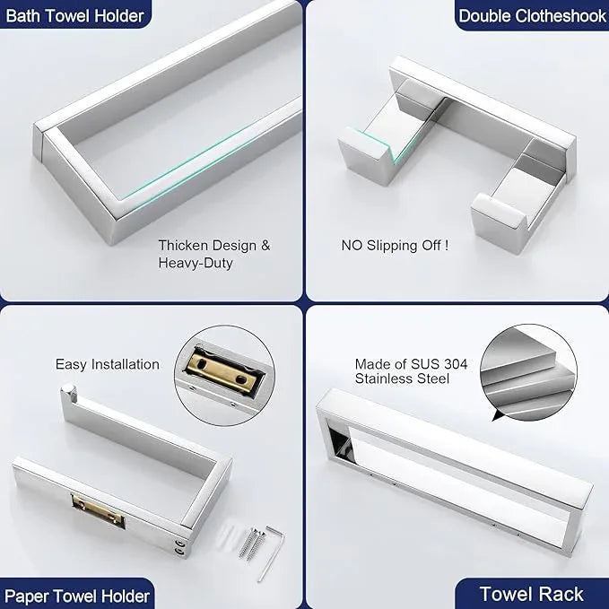 Lairuier Bath Towel Bar Set, Polished Chrome 4-Piece Bathroom Hardware Set Including Towel Bar, Towel Holder, Toilet Paper Holder, Towel Hook. Stainless Steel Bathroom Hardware Accessory - ModernBath
