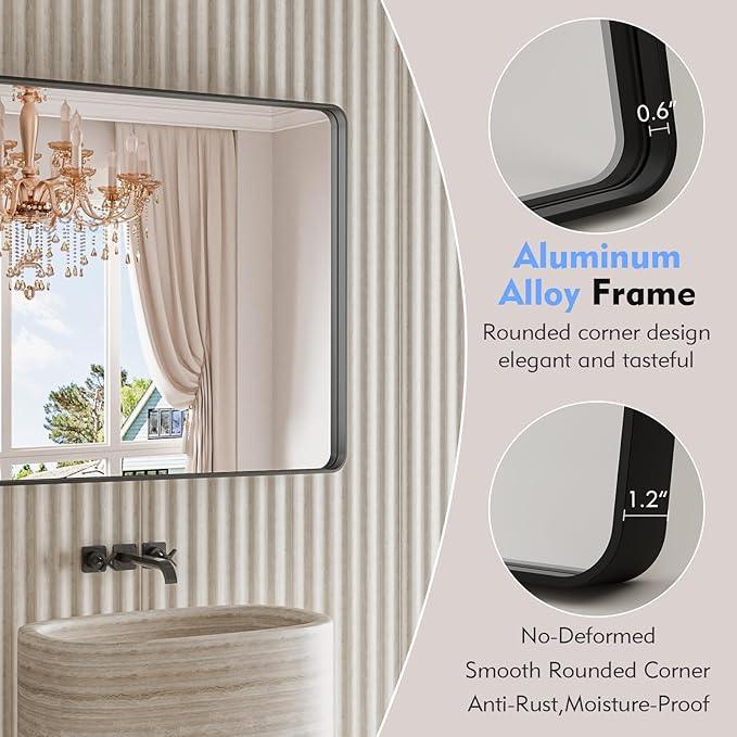 JISOSO Black Bathroom Mirror 22X30 Inch, Black Metal Framed Mirror for Wall, Rounded Rectangle Matte Bathroom Vanity Mirror with Tempered Glass, Anti-Rust, Horizontal/Vertical - ModernBath