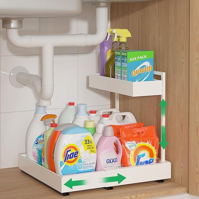 REALINN Expandable Under Sink Organizers and Storage, 2 Tier Under Cabinet Organizer, Heights Adjustable Pull Out Rack for Kitchen Bathroom Laundry, White, 1 Pack - ModernBath