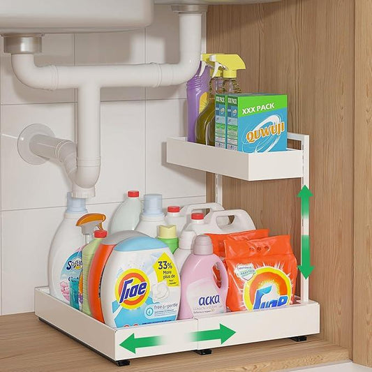REALINN Expandable Under Sink Organizers and Storage, 2 Tier Under Cabinet Organizer, Heights Adjustable Pull Out Rack for Kitchen Bathroom Laundry, White, 1 Pack - ModernBath