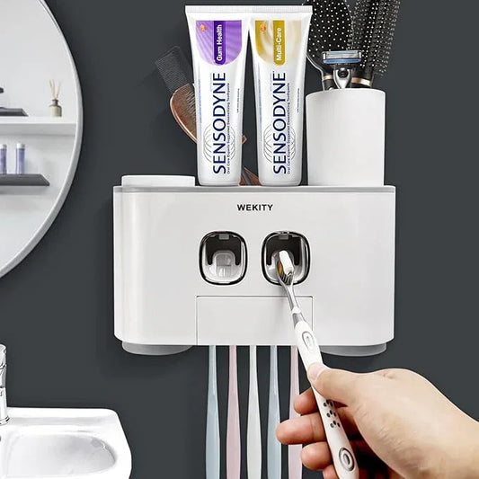 Toothbrush Holder Wall Mounted, WEKITY Multi-Functional Toothbrush and Toothpaste Dispenser for Bathroom, with 5 Toothbrush Slots, 2 Toothpaste Squeezers and 4 Cups(Grey) - ModernBath