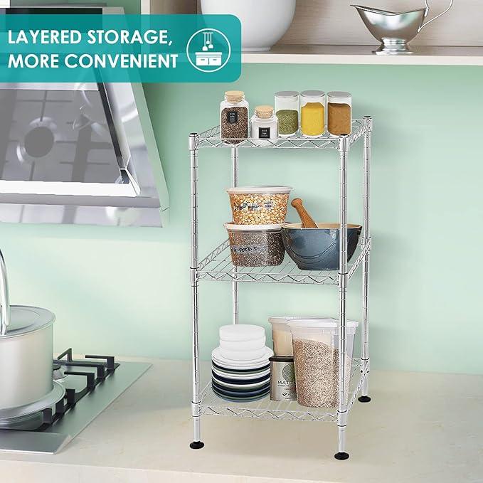 BNSPLY 3-Tier Adjustable Shelving Unit, Metal Wire Rack with NSF Certified, Leveling Feet, Standing Storage Shelf for Laundry, Bathroom, Kitchen, Pantry, Closet, Chrome - ModernBath