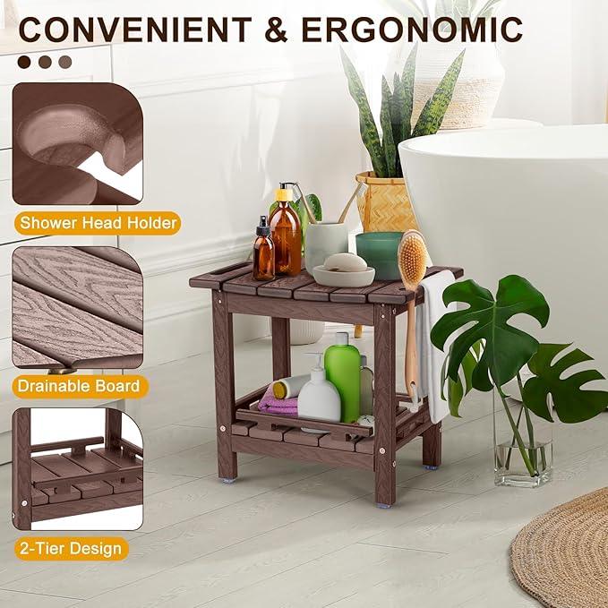 nalone Shower Bench, HDPE Shower Benches for Inside Shower, Small Shower Chair Seat for Shaving Legs with Storage Shelf & Handles, Indoor and Outdoor Use (Wood) - ModernBath