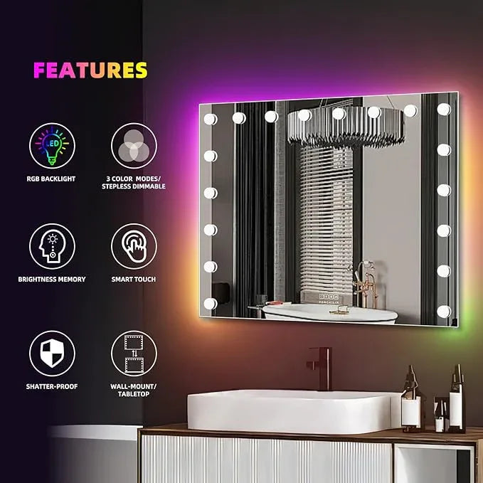 FENCHILIN 32 x 23 Inch RGB LED Vanity Mirror with Light and RGB Backlit Hollywood Lighted Makeup Mirror, Smart Touch Control Light Mirror with Memory Function - ModernBath