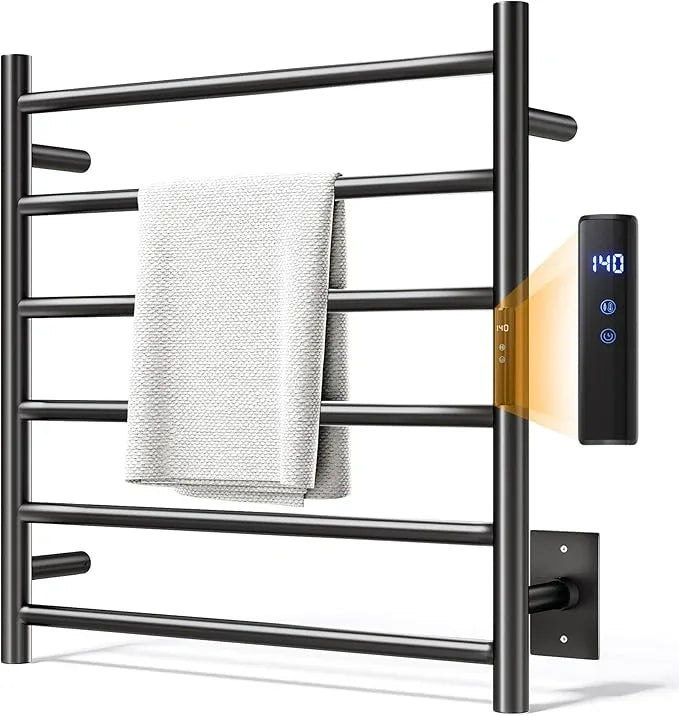 Towel Warmer Rack, Heated Towel Racks for Bathroom, Wall Mounted Towel Warmer, Stainless Steel 6-Bars Drying Rack with Intelligent Touch Screen Timer, Matte Black - ModernBath