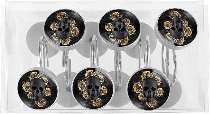 Black Skull with Gold Roses Shower Curtain Hooks Set of 12 Rustproof Metal Decorative Shower Hooks for Curtains Rods Shower Curtain Rings for Bathroom Living Room Bedroom - ModernBath