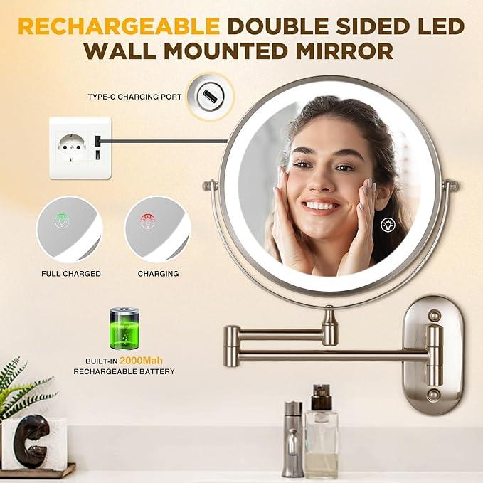 VORREMIRR Magnifying Mirror with Lights 1x/15x: 8.5" Double Sided Wall Mounted Lighted Makeup Mirror for Bathroom, 3 Color Lights & 360°Swivel Vanity Mirror, Brushed Nickel - ModernBath