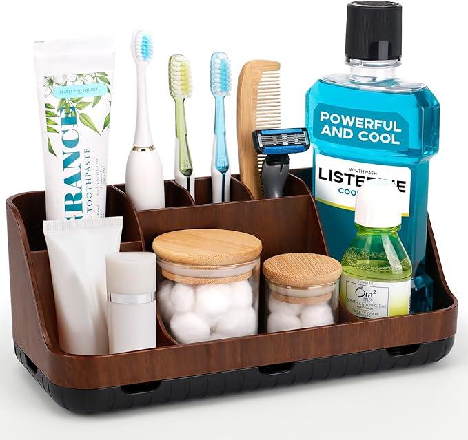 GFWARE Wood Toothbrush Holders for Bathrooms Countertop Organizer - Detachable 7 Slots Kid Bathroom Decor and Accessories, Wooden Bathroom Sink Storage Organization, Caddy, Tray, Brown - ModernBath