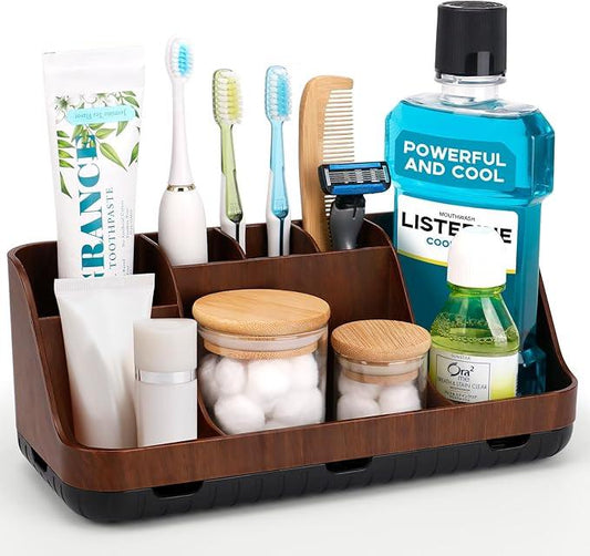 GFWARE Wood Toothbrush Holders for Bathrooms Countertop Organizer - Detachable 7 Slots Kid Bathroom Decor and Accessories, Wooden Bathroom Sink Storage Organization, Caddy, Tray, Brown - ModernBath