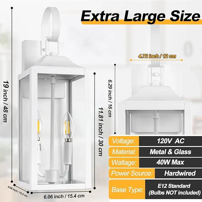 19" White Outdoor Wall Lantern 2-Light, Large Modern Wall Sconce Light Fixture, Industrial Porch Light with Glass, Waterproof Farmhouse Exterior Lamp - ModernBath