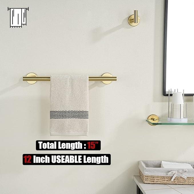 JQK Bathroom Towel Bar, 15 Inch 304 Stainless Steel Thicken 0.8mm Towel Rack, Towel Holder Brushed Gold Wall Mount, Useable Length 12 Inch TB110L12-BG - ModernBath