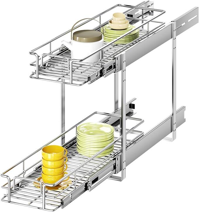 2 Tier Individual Pull Out Cabinet Organizer 7½" W x 21½" D, Heavy Duty Cabinet Pull Out Shelves, Slide Out Drawers Organization for Kitchen Cabinets Bathroom - ModernBath