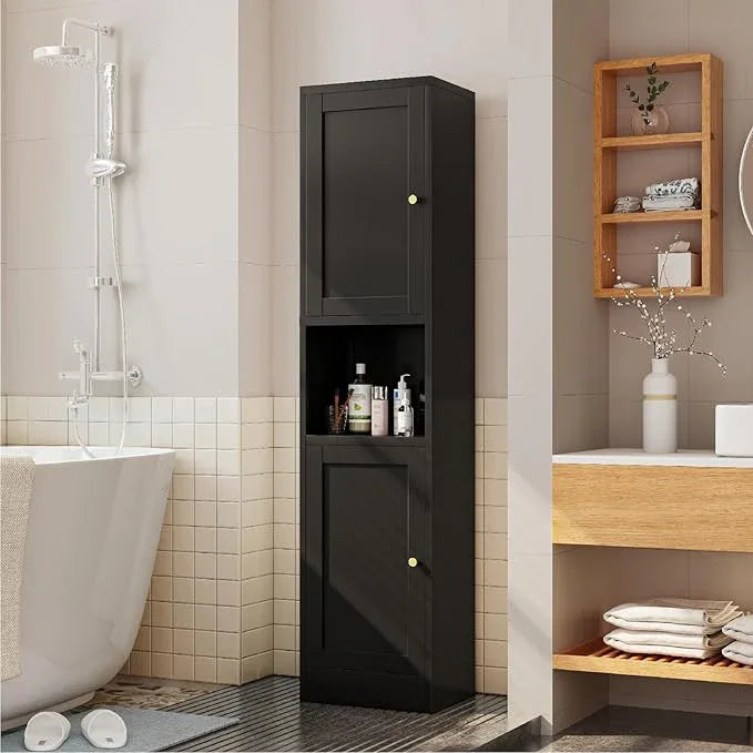 Metal Bathroom Storage Cabinet, 67" Tall Narrow Freestanding Floor Cabinet with Adjustable Shelves and Open Compartment, Slim Metal Locker for Laundry, Kitchen, Dining Room - ModernBath