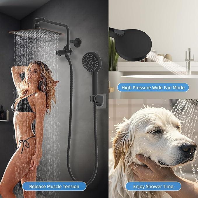 All Metal Shower Head, 8" High Pressure Rainfall/Handheld Shower Combo with 11" Extension Arm, 10-Spray Handheld Showerhead, 71" Long Hose, 3-Way Diverter Valve, Oil Rubbed Bronze - ModernBath